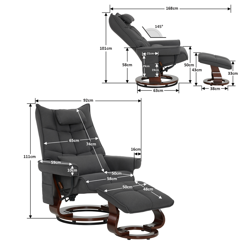 M MCombo Relaxsessel mit Hocker, Drehbare Fernsehsessel mit Liegefunktion, Moderner TV-Sessel Stuhl für Wohnzimmer, mit Kissen & Seitentasche, Mikrofaser-Stoff, 9076 (Dunkelgrau)