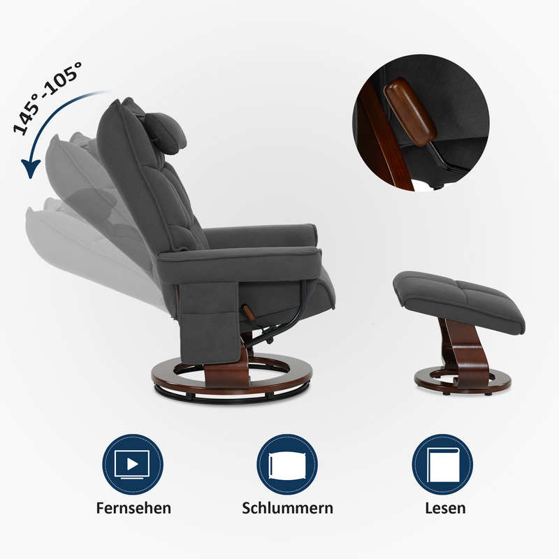 M MCombo Relaxsessel mit Hocker, Drehbare Fernsehsessel mit Liegefunktion, Moderner TV-Sessel Stuhl für Wohnzimmer, mit Kissen & Seitentasche, Mikrofaser-Stoff, 9076 (Dunkelgrau)