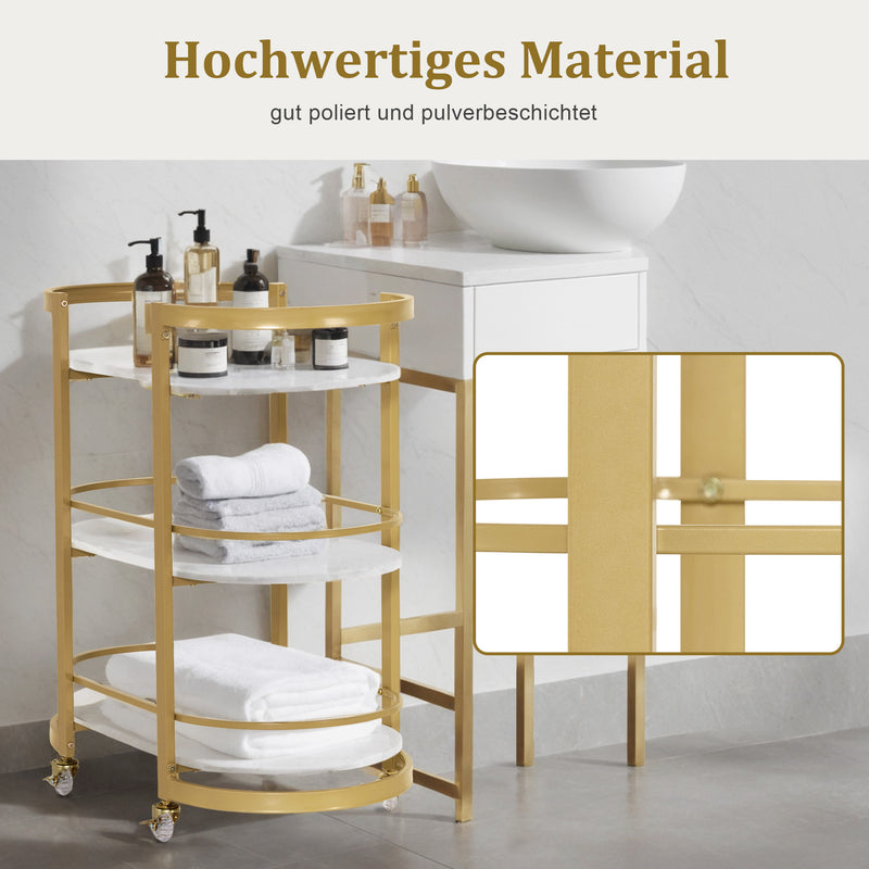 M MCombo Servierwagen mit Rollen, Küchenwagen Barwagen Metallgestell Weiß-Gold, Moderne Rollwagen Mehrzweckwagen mit 3 Ebenen, für Küche Bad Wohnzimmer Büro, 40x75,5x80, 0034