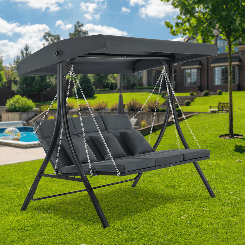 M MCombo Hollywoodschaukel mit Liegefunktion, Gartenschaukel 3 Sitzer Wetterfest, Outdoor Schaukelbank mit Metallketten, Verstellbarem Dach, 123*194*169 cm, 8018 (Dunkgelgrau)