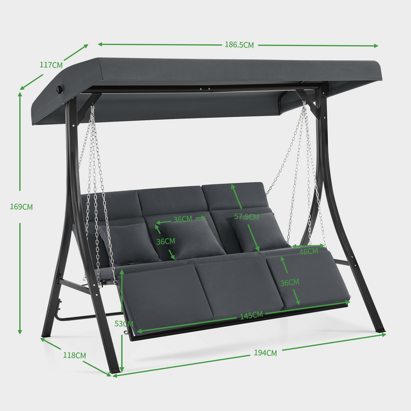 M MCombo Hollywoodschaukel mit Liegefunktion, Gartenschaukel 3 Sitzer Wetterfest, Outdoor Schaukelbank mit Metallketten, Verstellbarem Dach, 123*194*169 cm, 8018 (Dunkgelgrau)