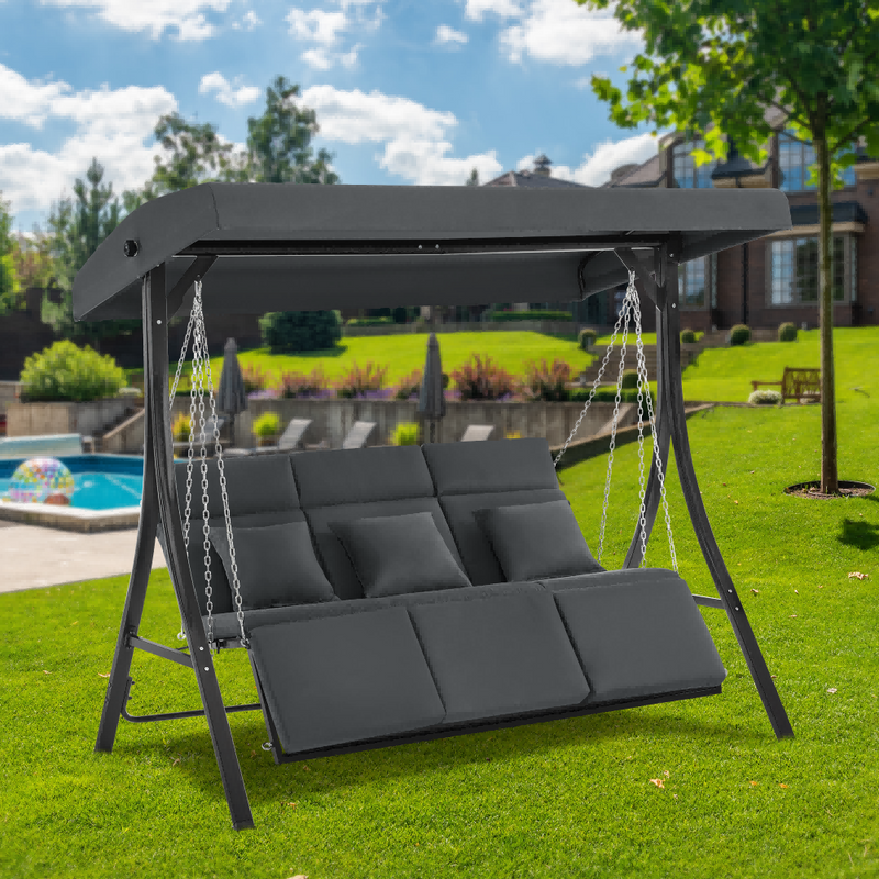 M MCombo Hollywoodschaukel mit Liegefunktion, Gartenschaukel 3 Sitzer Wetterfest, Outdoor Schaukelbank mit Metallketten, Verstellbarem Dach, 123*194*169 cm, 8018 (Dunkgelgrau)