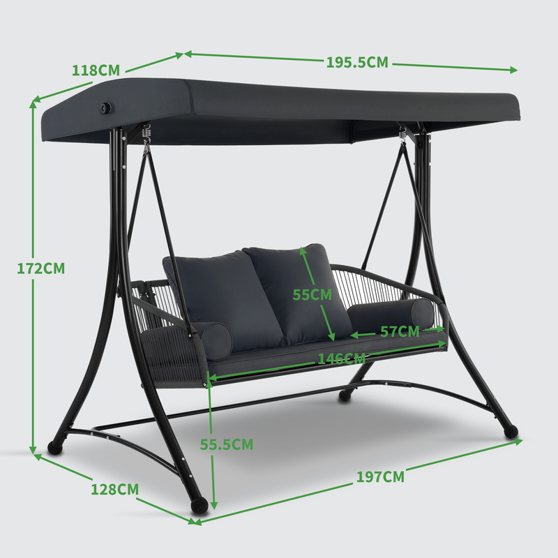 M MCombo Hollywoodschaukel 3-Sitzer, Gartenschaukel mit Verstellbares Sonnendach, Schaukelbank Outdoor, Gartenliege Wetterfest, Sitzbezug Abwaschbar 8026 (Dunkgelgrau)