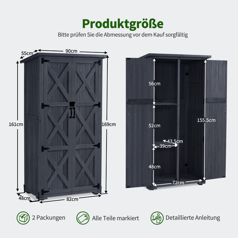 M MCombo Gartenschrank Holz, Gartenhaus Klein Wetterfest, Outdoor Gerätehaus Geräteschuppen, für Außenbereich Balkon Terrasse, 90×55×169cm, 0878