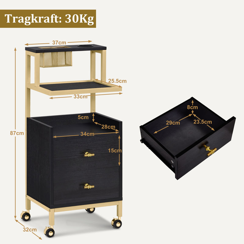 M MCombo Rollwagen mit Rollen & 2 Schubladen, Servierwagen Schwarz-Gold, mit 2 Ablagen , Moderner Arbeitswagen für Bad Wohnzimmer, 32x37x87cm, 0029