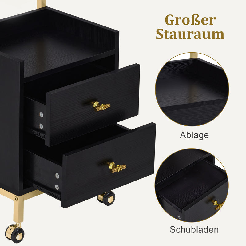 M MCombo Rollwagen mit Rollen & 2 Schubladen, Servierwagen Schwarz-Gold, mit 2 Ablagen , Moderner Arbeitswagen für Bad Wohnzimmer, 32x37x87cm, 0029