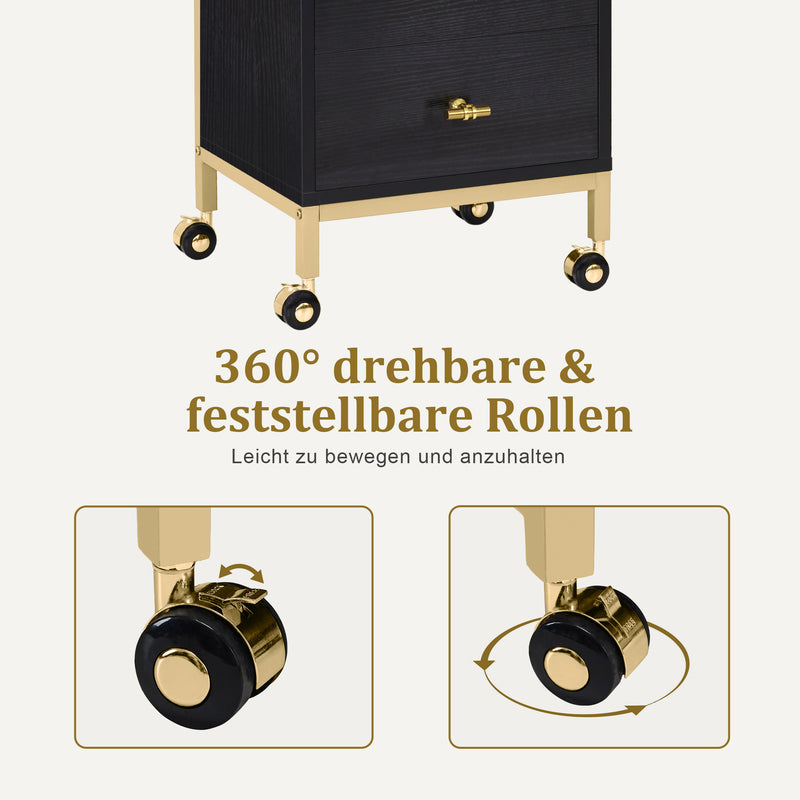 M MCombo Rollwagen mit Rollen & 2 Schubladen, Servierwagen Schwarz-Gold, mit 2 Ablagen , Moderner Arbeitswagen für Bad Wohnzimmer, 32x37x87cm, 0029