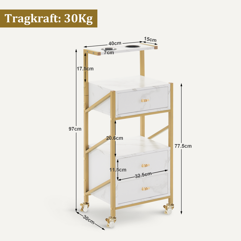 M MCombo Friseurwagen mit Rollen & 3 Schubladen, Rollwagen Servierwagen Weiß-Gold, Salon Trolley mit 2 Ablagen & 2 Föhnhalter, Moderner Arbeitswagen für Bad Wohnzimmer, 30x40x97cm, 0048