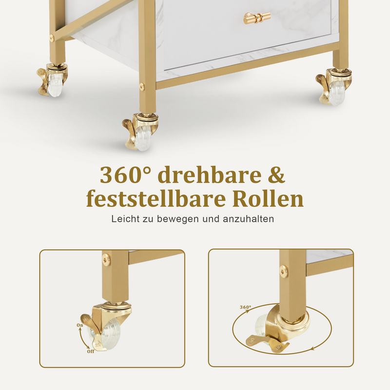 M MCombo Friseurwagen mit Rollen & 3 Schubladen, Rollwagen Servierwagen Weiß-Gold, Salon Trolley mit 2 Ablagen & 2 Föhnhalter, Moderner Arbeitswagen für Bad Wohnzimmer, 30x40x97cm, 0048