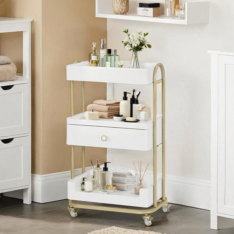 M MCombo Servierwagen mit Rollen & Schublade, Rollwagen Friseurwagen Weiß-Gold, Salon Trolley mit 3 Ablagen, Moderner Arbeitswagen für Bad Wohnzimmer, 37x51x87cm, 0093