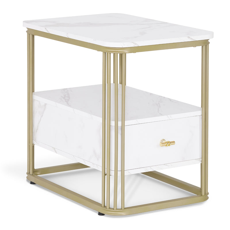 M MCombo Beistelltisch mit Schublade, Modern Sofatisch Marmor Weiß Gold, Klein Kaffeetisch Metallgestell, Nachttisch mit 2 Ablagen, Couchtisch  für Wohnzimmer, 60x40x55, 2138