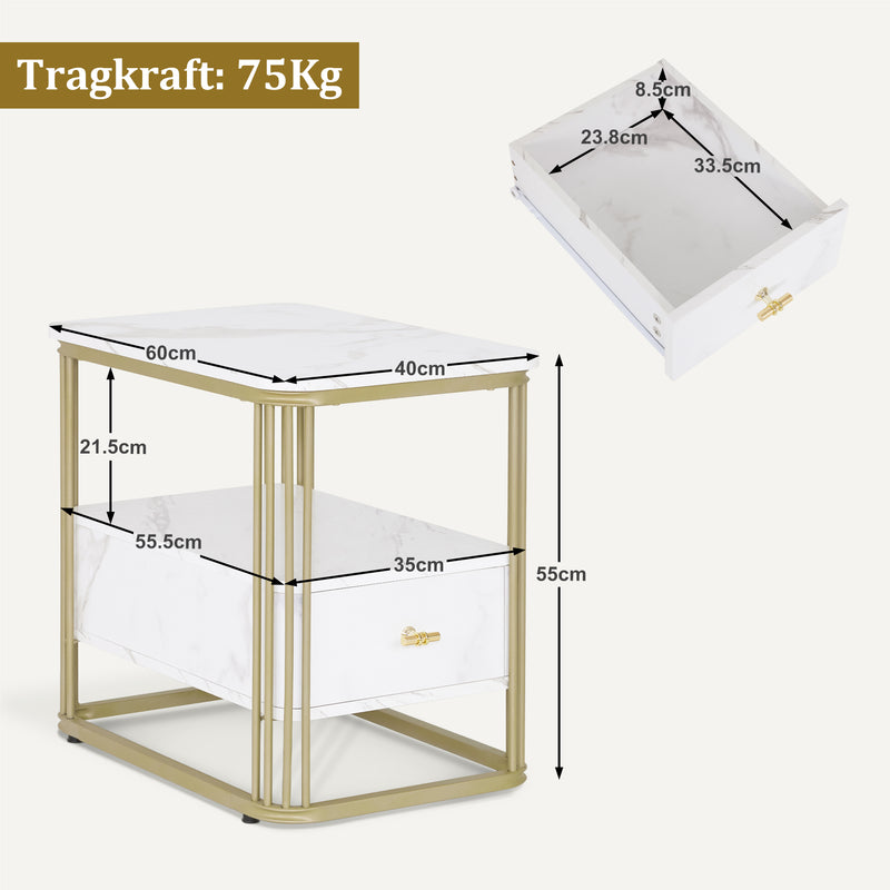 M MCombo Beistelltisch mit Schublade, Modern Sofatisch Marmor Weiß Gold, Klein Kaffeetisch Metallgestell, Nachttisch mit 2 Ablagen, Couchtisch  für Wohnzimmer, 60x40x55, 2138