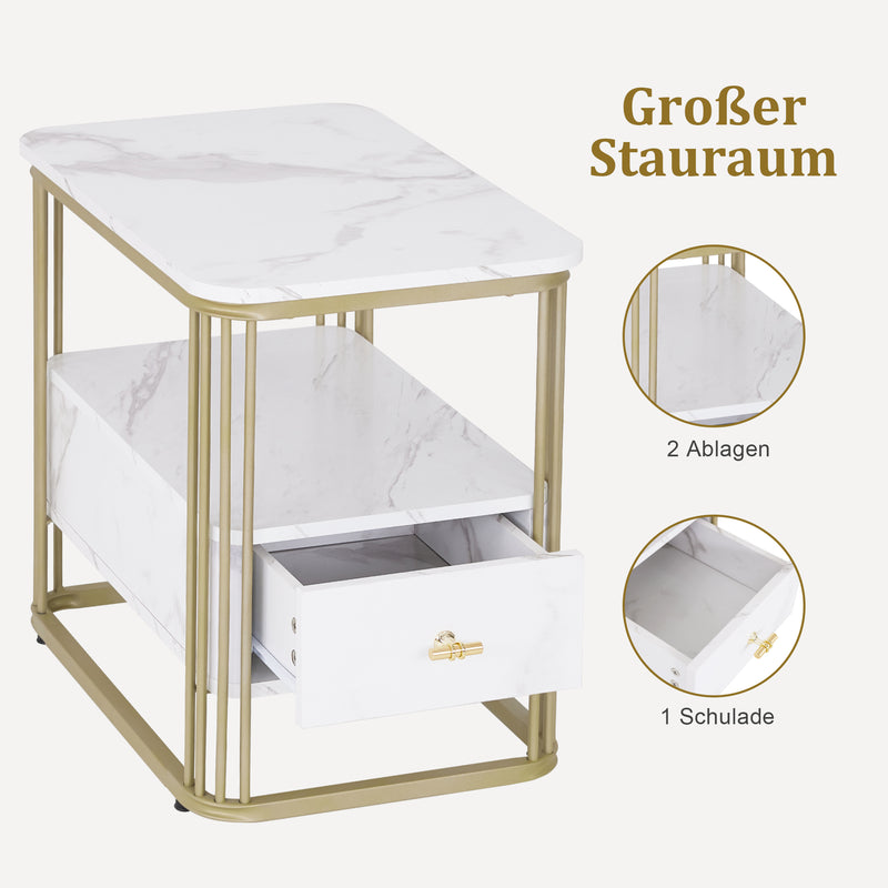 M MCombo Beistelltisch mit Schublade, Modern Sofatisch Marmor Weiß Gold, Klein Kaffeetisch Metallgestell, Nachttisch mit 2 Ablagen, Couchtisch  für Wohnzimmer, 60x40x55, 2138