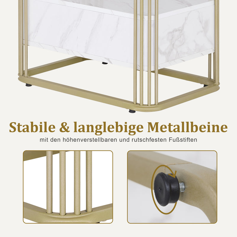 M MCombo Beistelltisch mit Schublade, Modern Sofatisch Marmor Weiß Gold, Klein Kaffeetisch Metallgestell, Nachttisch mit 2 Ablagen, Couchtisch  für Wohnzimmer, 60x40x55, 2138