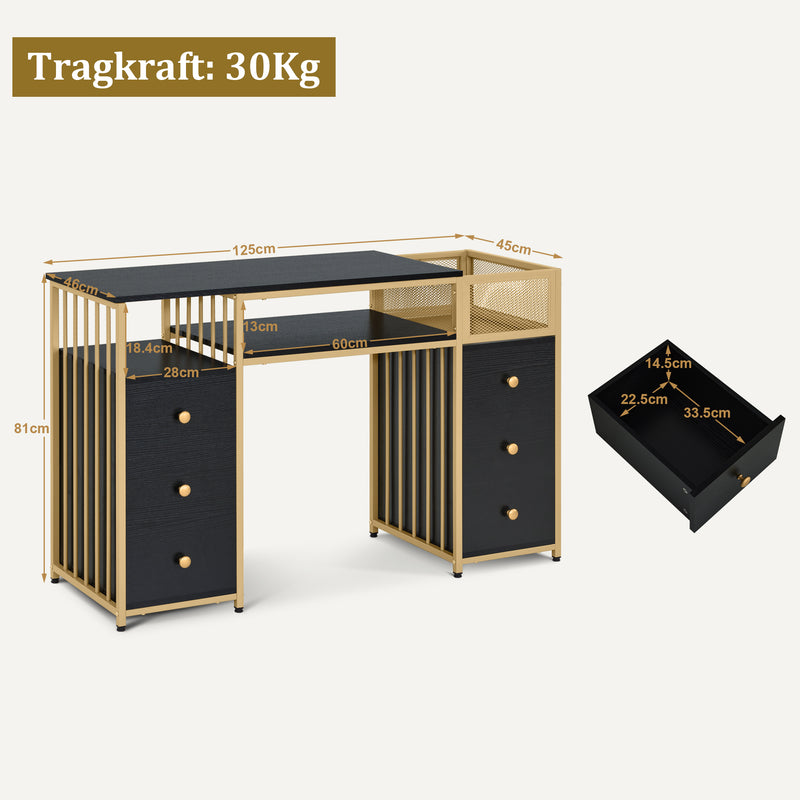 M MCombo Schreibtisch mit 6 Schubladen, Nageltisch aus Holz Metallgestell, Manikürtisch, Schminktisch ohne Spiegel Modern, Computertisch mit Ablagen Wohnzimmer, 46x125x81cm, 2425