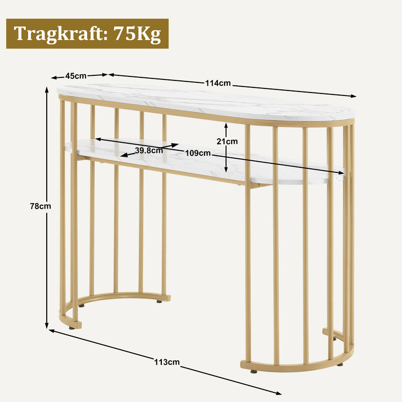 M MCombo Schreibtisch ohne Schubladen, Schminktisch ohne Spiegel Marmor-Weiß Gold, Manikürtisch, Nageltisch aus Holz Metallgestell, Computertisch Wohnzimmer Modern, 45 x 114 x 78cm, 2482