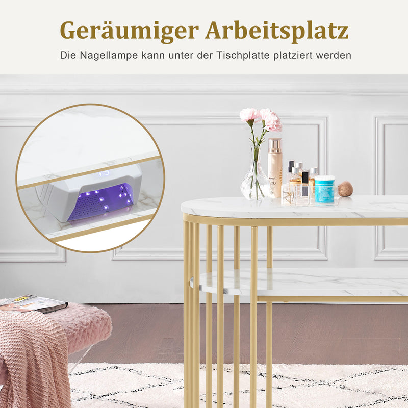 M MCombo Schreibtisch ohne Schubladen, Schminktisch ohne Spiegel Marmor-Weiß Gold, Manikürtisch, Nageltisch aus Holz Metallgestell, Computertisch Wohnzimmer Modern, 45 x 114 x 78cm, 2482