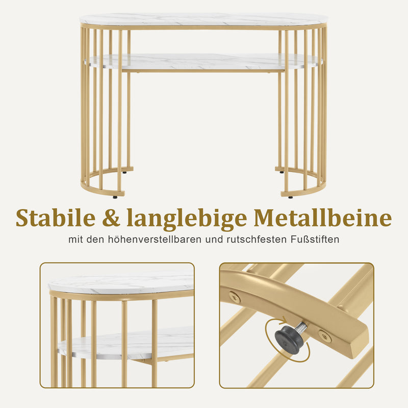 M MCombo Schreibtisch ohne Schubladen, Schminktisch ohne Spiegel Marmor-Weiß Gold, Manikürtisch, Nageltisch aus Holz Metallgestell, Computertisch Wohnzimmer Modern, 45 x 114 x 78cm, 2482