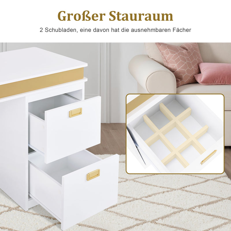 M MCombo Schreibtisch mit Schubladen für Nagelstudio, Manikürtisch mit 3 Steckdosen, Schminktisch ohne Spiegel Weiß-Gold, Nageltisch aus Holz Metallgestell, Nagelfrisiertisch, 50x110x80,5cm, 2484