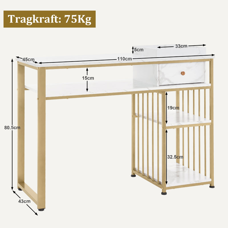 M MCombo Schreibtisch mit Schubladen, Nageltisch mit Regal, Manikürtisch aus Holz Metallgestell,  Schminktisch ohne Spiegel Wohnzimmer Modern, Marmor-Weiß Gold, 45 x 110 x 80.5cm, 2498