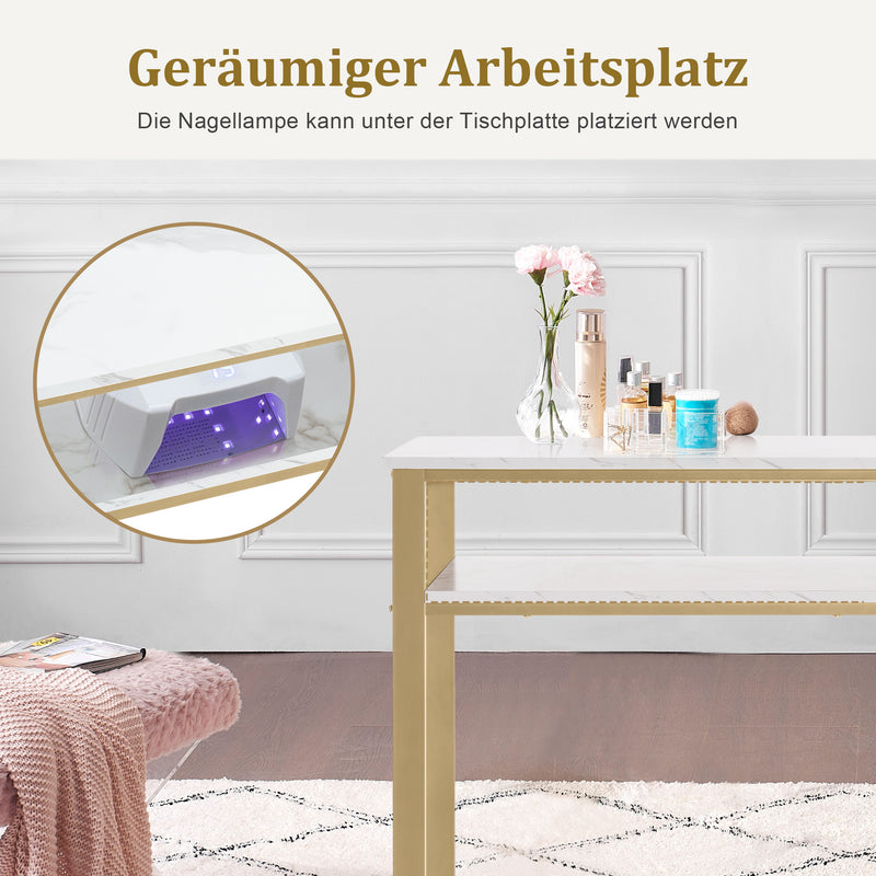 M MCombo Schreibtisch mit Schubladen, Nageltisch mit Regal, Manikürtisch aus Holz Metallgestell,  Schminktisch ohne Spiegel Wohnzimmer Modern, Marmor-Weiß Gold, 45 x 110 x 80.5cm, 2498