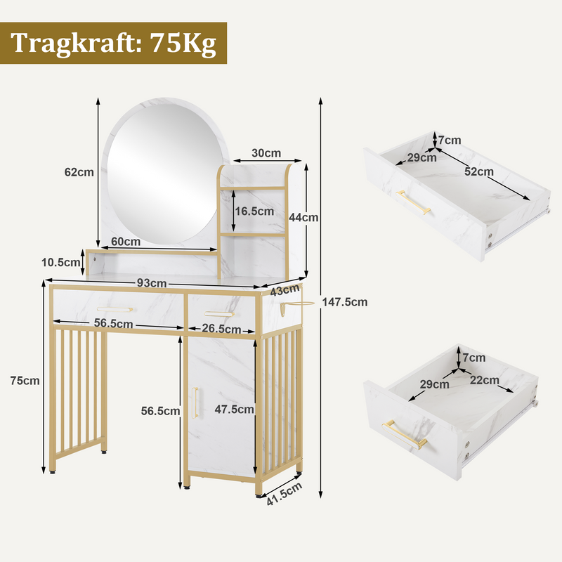 M MCombo Schminktisch mit Spiegel, Frisiertisch Make-up Tisch mit 2 Schubladen, 3 Offene Ablagen, Föhnhalter, Kosmetiktisch aus Holz Metallgestell, Marmor-Weiß Gold, 43*104*147,5 cm, 2501