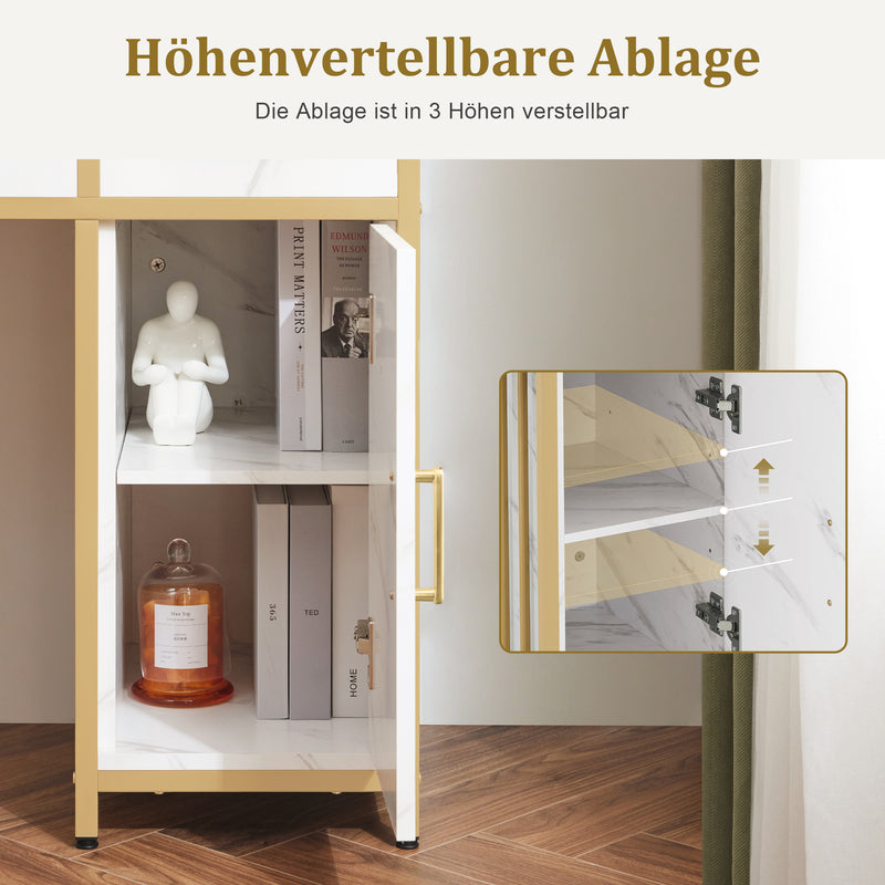 M MCombo Schminktisch mit Spiegel, Frisiertisch Make-up Tisch mit 2 Schubladen, 3 Offene Ablagen, Föhnhalter, Kosmetiktisch aus Holz Metallgestell, Marmor-Weiß Gold, 43*104*147,5 cm, 2501