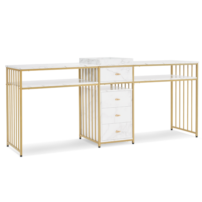 M MCombo Doppelnageltisch mit Schubladen, Schreibtisch mit Regal, Manikürtisch,  Schminktisch ohne Spiegel Wohnzimmer Modern, Marmor-Weiß Gold, 50 x 200 x 86cm, 2413