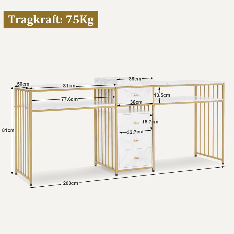 M MCombo Doppelnageltisch mit Schubladen, Schreibtisch mit Regal, Manikürtisch,  Schminktisch ohne Spiegel Wohnzimmer Modern, Marmor-Weiß Gold, 50 x 200 x 86cm, 2413