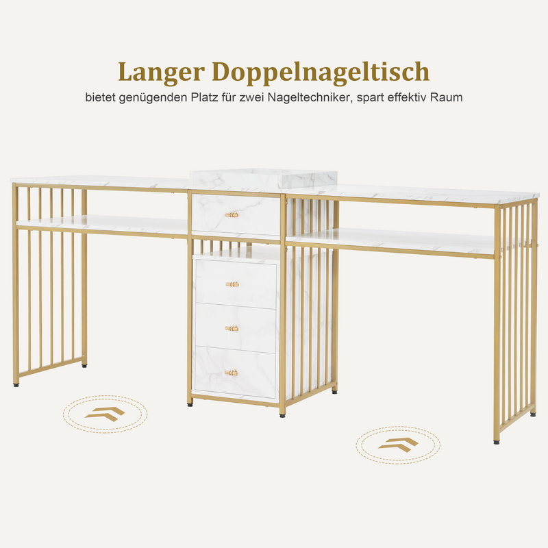 M MCombo Doppelnageltisch mit Schubladen, Schreibtisch mit Regal, Manikürtisch,  Schminktisch ohne Spiegel Wohnzimmer Modern, Marmor-Weiß Gold, 50 x 200 x 86cm, 2413