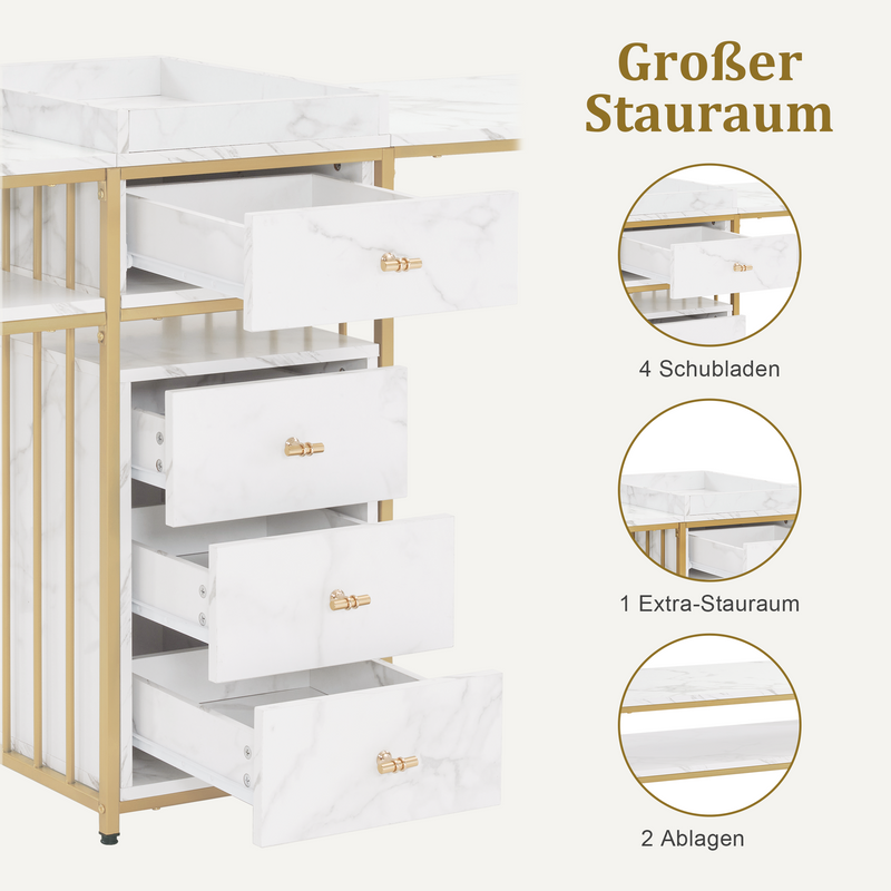 M MCombo Doppelnageltisch mit Schubladen, Schreibtisch mit Regal, Manikürtisch,  Schminktisch ohne Spiegel Wohnzimmer Modern, Marmor-Weiß Gold, 50 x 200 x 86cm, 2413