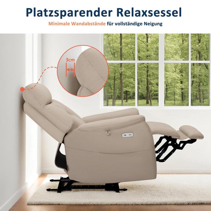 M MCombo Relaxsessel Elektrisch Verstellbar, Fernsehsessel 3 cm Wandnah, Relaxsessel Massagesessel mit Liegefunktion, TV Sessel für Enge Räume, USB & Typ-C Anschlüsse & Lendenkissen, Wohnzimmer, 7063