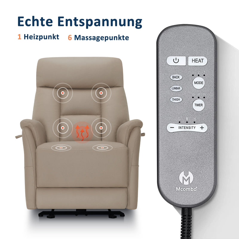 M MCombo Relaxsessel Elektrisch Verstellbar, Fernsehsessel 3 cm Wandnah, Relaxsessel Massagesessel mit Liegefunktion, TV Sessel für Enge Räume, USB & Typ-C Anschlüsse & Lendenkissen, Wohnzimmer, 7063