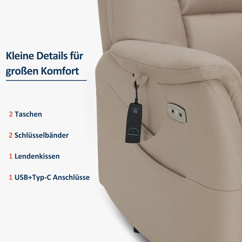 M MCombo Relaxsessel Elektrisch Verstellbar, Fernsehsessel 3 cm Wandnah, Relaxsessel Massagesessel mit Liegefunktion, TV Sessel für Enge Räume, USB & Typ-C Anschlüsse & Lendenkissen, Wohnzimmer, 7063