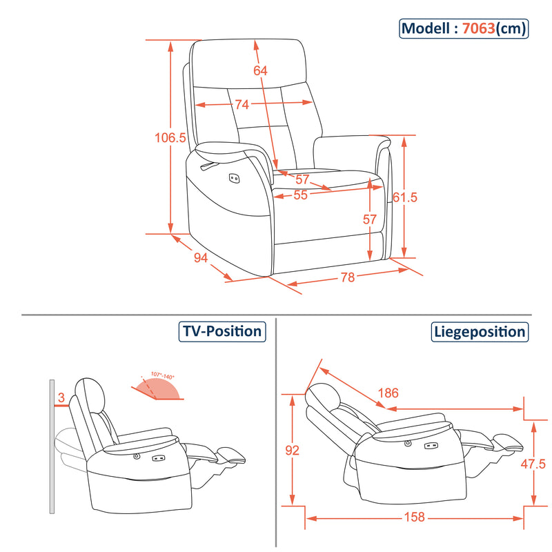 M MCombo Relaxsessel Elektrisch Verstellbar, Fernsehsessel 3 cm Wandnah, Relaxsessel Massagesessel mit Liegefunktion, TV Sessel für Enge Räume, USB & Typ-C Anschlüsse & Lendenkissen, Wohnzimmer, 7063