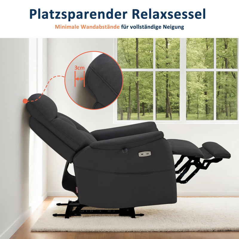 M MCombo Relaxsessel Elektrisch Verstellbar, Fernsehsessel 3 cm Wandnah, Relaxsessel Massagesessel mit Liegefunktion, TV Sessel für Enge Räume, USB & Typ-C Anschlüsse & Lendenkissen, Wohnzimmer, 7063