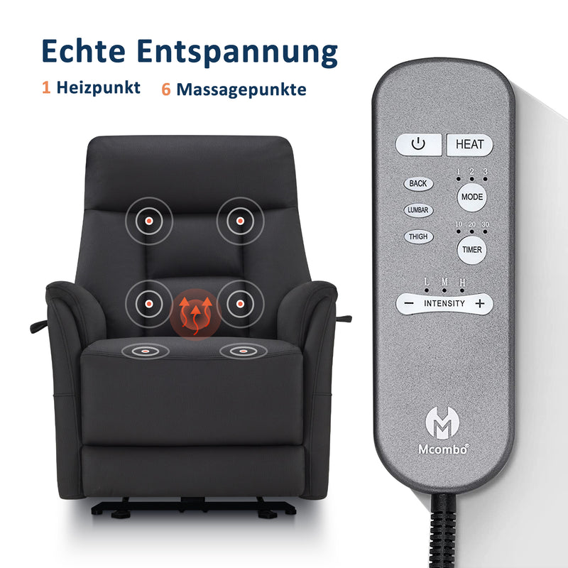 M MCombo Relaxsessel Elektrisch Verstellbar, Fernsehsessel 3 cm Wandnah, Relaxsessel Massagesessel mit Liegefunktion, TV Sessel für Enge Räume, USB & Typ-C Anschlüsse & Lendenkissen, Wohnzimmer, 7063