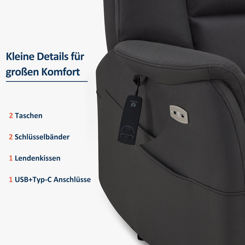 M MCombo Relaxsessel Elektrisch Verstellbar, Fernsehsessel 3 cm Wandnah, Relaxsessel Massagesessel mit Liegefunktion, TV Sessel für Enge Räume, USB & Typ-C Anschlüsse & Lendenkissen, Wohnzimmer, 7063