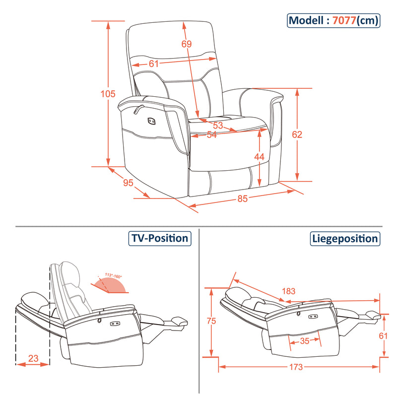 M MCombo Relaxsessel mit Liegefunktion, Fernsehsessel Elektrisch Verstellbar, TV Sessel, Recliner Chair, USB & Seitentasche,  Sessel Wohnzimmer Relax, 7077